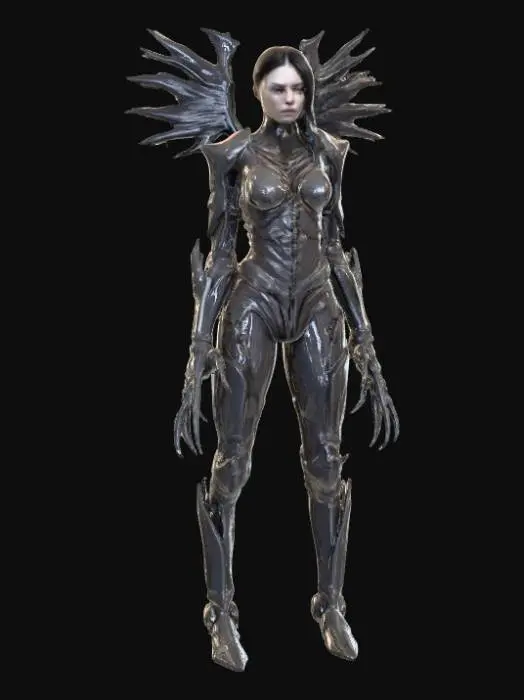 3D model for #PBR#, A slender, biomechanical female warrior emerges, her form a disturbing fusion of organic and synthetic. Her skin appears as taut, pale sinew interlaced with dark, glistening, bone-like plates and ribbed structures that mimic a protective exoskeleton. Her long, dark hair, pulled back into a braid, gives way to subtly shaved sides that reveal intricate, skeletal patterns. She wears armor that seems grown onto her body, a dark, chitinous material with a wet, reflective sheen. Her karambit, an extension of her design, possesses a sharpened, curved blade with a biomimetic texture and a handle that appears to merge with her grip.
