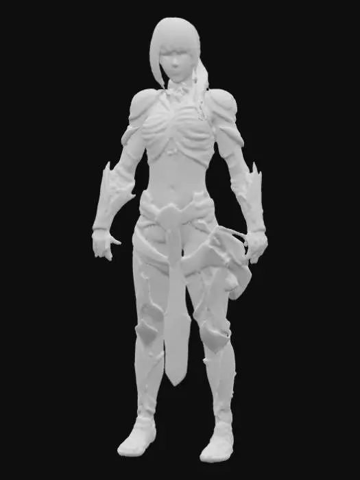 3D model for #PBR#, A slender, biomechanical female warrior emerges, her form a disturbing fusion of organic and synthetic. Her skin appears as taut, pale sinew interlaced with dark, glistening, bone-like plates and ribbed structures that mimic a protective exoskeleton. Her long, dark hair, pulled back into a braid, gives way to subtly shaved sides that reveal intricate, skeletal patterns. She wears armor that seems grown onto her body, a dark, chitinous material with a wet, reflective sheen. Her karambit, an extension of her design, possesses a sharpened, curved blade with a biomimetic texture and a handle that appears to merge with her grip.