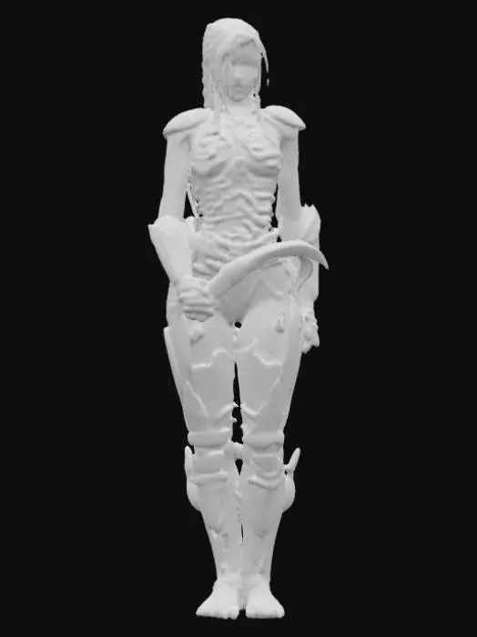 3D model for #PBR#, A slender, biomechanical female warrior emerges, her form a disturbing fusion of organic and synthetic. Her skin appears as taut, pale sinew interlaced with dark, glistening, bone-like plates and ribbed structures that mimic a protective exoskeleton. Her long, dark hair, pulled back into a braid, gives way to subtly shaved sides that reveal intricate, skeletal patterns. She wears armor that seems grown onto her body, a dark, chitinous material with a wet, reflective sheen. Her karambit, an extension of her design, possesses a sharpened, curved blade with a biomimetic texture and a handle that appears to merge with her grip.