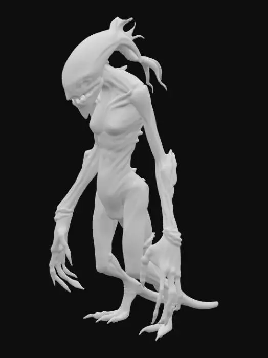 3D model for A haunting Scorn-inspired female monster possesses a disturbingly slender, elongated form, a horrifying blend of pallid, glistening organic matter and corroded, skeletal-like metal. Its surface is a tapestry of exposed, fibrous muscle, fused bone, and slick, greyish-blue tissue that appears perpetually wet and decaying. Devoid of discernible eyes or mouth, its elongated head flows seamlessly into a torso, a grotesque, asymmetrical fusion of bio-industrial horror. Its unsettlingly thin limbs end in sharp, fused digits., #PBR#