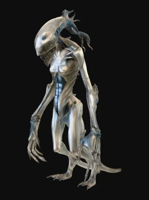 3D model for A haunting Scorn-inspired female monster possesses a disturbingly slender, elongated form, a horrifying blend of pallid, glistening organic matter and corroded, skeletal-like metal. Its surface is a tapestry of exposed, fibrous muscle, fused bone, and slick, greyish-blue tissue that appears perpetually wet and decaying. Devoid of discernible eyes or mouth, its elongated head flows seamlessly into a torso, a grotesque, asymmetrical fusion of bio-industrial horror. Its unsettlingly thin limbs end in sharp, fused digits., #PBR#