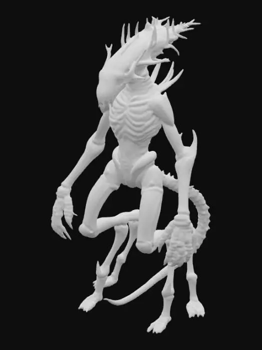 3D model for A bioluminescent quadruped creature, heavily inspired by H.R. Giger's biomechanical aesthetic, features an elongated, skeletal form with an chitinous exoskeleton that gleams with an oily, iridescent sheen. Pulsing veins of soft, ethereal blue light trace complex patterns beneath the translucent, segmented plating, illuminating its spiky, alien silhouette. Its sharp, angular limbs terminate in multiple digits, suggesting a firm, almost metallic grip, while its head is a fusion of organic and industrial elements, emitting a subtle, cold glow., #PBR#