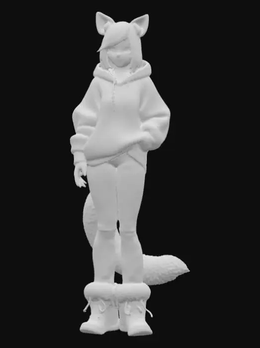 3D model for A cute, hybrid human female features soft, plush teddy bear-like ears atop her head, and two subtle fangs slightly protruding from her upper lip. Her hands and bare feet end in short, rounded bear claws. A fluffy, spherical tail emerges from her lower back. She wears a cozy, oversized hoodie, specifically cut to reveal her ears, and worn blue jeans that are thoughtfully tailored with a neat opening for her tail, presenting a charming, wild aesthetic., #PBR#