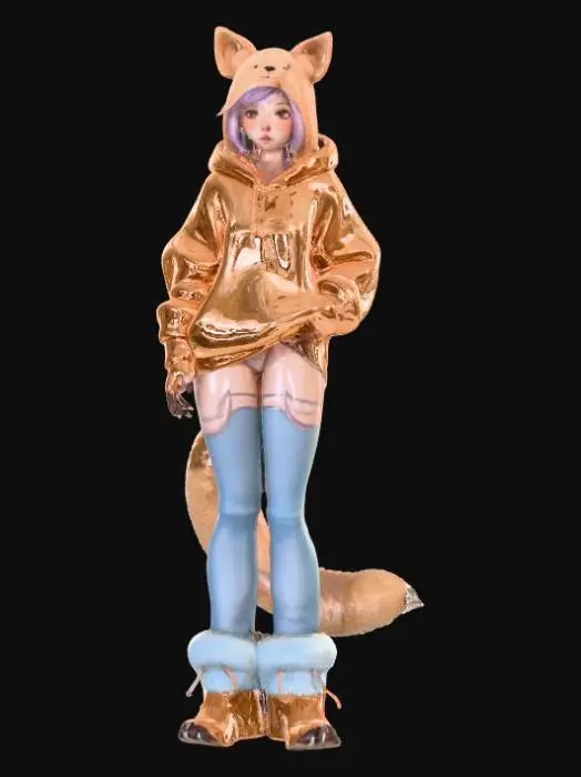 3D model for A cute, hybrid human female features soft, plush teddy bear-like ears atop her head, and two subtle fangs slightly protruding from her upper lip. Her hands and bare feet end in short, rounded bear claws. A fluffy, spherical tail emerges from her lower back. She wears a cozy, oversized hoodie, specifically cut to reveal her ears, and worn blue jeans that are thoughtfully tailored with a neat opening for her tail, presenting a charming, wild aesthetic., #PBR#