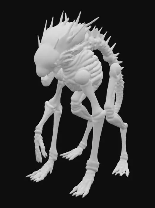 3D model for A bioluminescent quadruped creature, heavily inspired by H.R. Giger's biomechanical aesthetic, features an elongated, skeletal form with an chitinous exoskeleton that gleams with an oily, iridescent sheen. Pulsing veins of soft, ethereal blue light trace complex patterns beneath the translucent, segmented plating, illuminating its spiky, alien silhouette. Its sharp, angular limbs terminate in multiple digits, suggesting a firm, almost metallic grip, while its head is a fusion of organic and industrial elements, emitting a subtle, cold glow., #PBR#