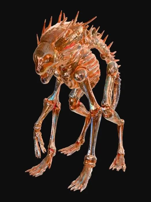 3D model for A bioluminescent quadruped creature, heavily inspired by H.R. Giger's biomechanical aesthetic, features an elongated, skeletal form with an chitinous exoskeleton that gleams with an oily, iridescent sheen. Pulsing veins of soft, ethereal blue light trace complex patterns beneath the translucent, segmented plating, illuminating its spiky, alien silhouette. Its sharp, angular limbs terminate in multiple digits, suggesting a firm, almost metallic grip, while its head is a fusion of organic and industrial elements, emitting a subtle, cold glow., #PBR#
