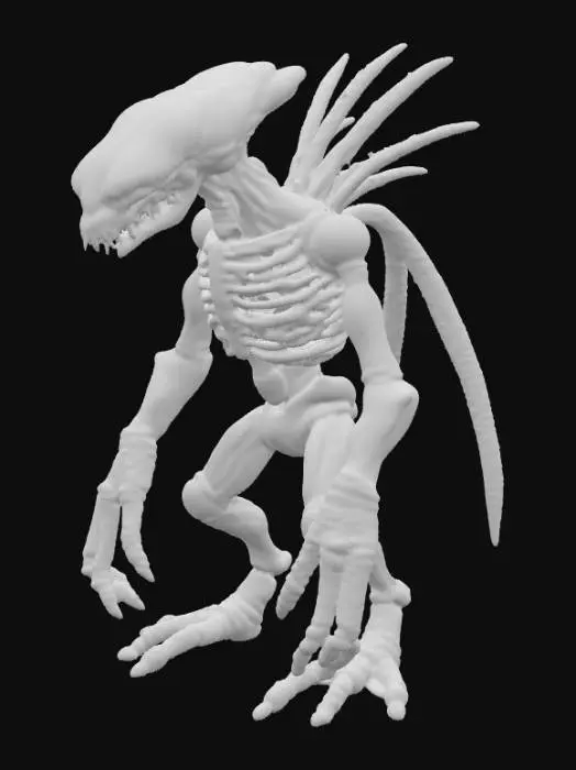 3D model for A bioluminescent quadruped creature, heavily inspired by H.R. Giger's biomechanical aesthetic, features an elongated, skeletal form with an chitinous exoskeleton that gleams with an oily, iridescent sheen. Pulsing veins of soft, ethereal blue light trace complex patterns beneath the translucent, segmented plating, illuminating its spiky, alien silhouette. Its sharp, angular limbs terminate in multiple digits, suggesting a firm, almost metallic grip, while its head is a fusion of organic and industrial elements, emitting a subtle, cold glow., #PBR#