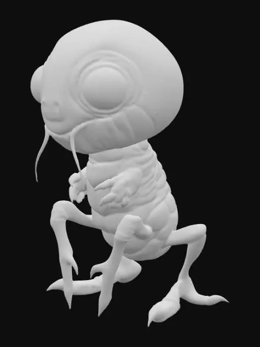 3D model for A small, rounded creature with a smooth, obsidian-like exoskeleton that subtly gleams. Its head is dominated by large, bulbous, deep-set black eyes that give a surprisingly innocent expression. Beneath a retractable, ribbed maw, fine, hair-like tendrils gently sway. Its four short, segmented limbs end in tiny, sharp claws, hinting at a predatory nature despite its compact, almost plush-toy-like form. The surface has a wet, organic sheen over its hard, bone-like plates.