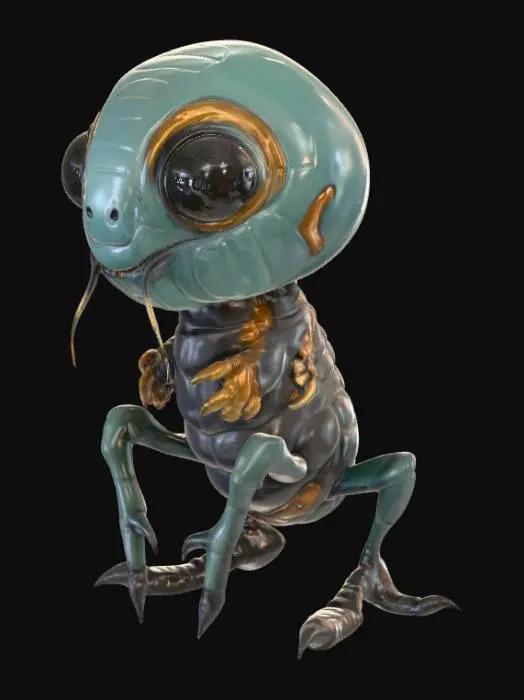 3D model for A small, rounded creature with a smooth, obsidian-like exoskeleton that subtly gleams. Its head is dominated by large, bulbous, deep-set black eyes that give a surprisingly innocent expression. Beneath a retractable, ribbed maw, fine, hair-like tendrils gently sway. Its four short, segmented limbs end in tiny, sharp claws, hinting at a predatory nature despite its compact, almost plush-toy-like form. The surface has a wet, organic sheen over its hard, bone-like plates.