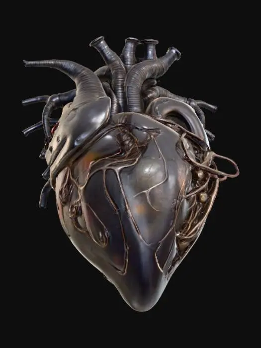 3D model for An HR Giger-inspired realistic heart, sculpted from a fusion of tarnished, dark chrome and glistening, ribbed organic tissue. Its distorted, muscular form is encased in a lattice of interwoven metallic cables and sinewy, bone-like structures, creating a chilling biomechanical aesthetic. The surface features a mix of polished, cold metal and slick, pulsating biological textures in desaturated grays, blacks, and deep venous reds, offering a disturbingly visceral and industrial tactile quality., #PBR#