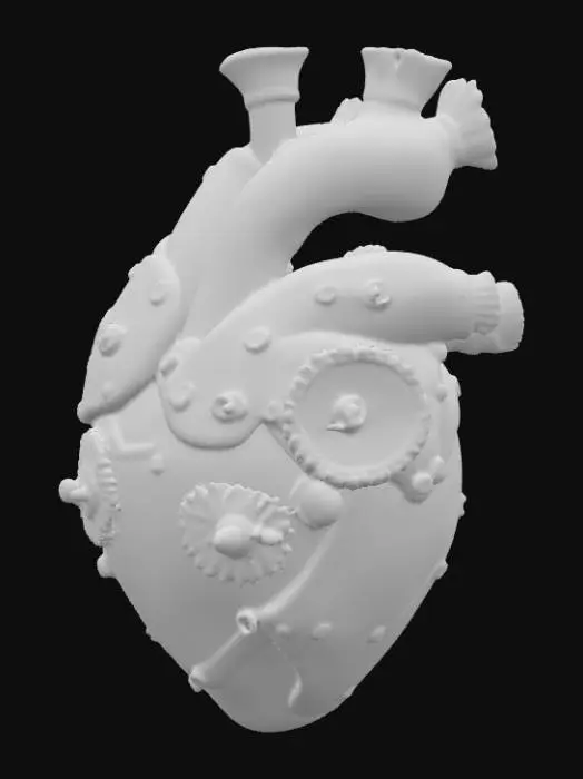 3D model for A realistic steampunk heart features an intricately designed, anatomical structure crafted from polished brass and aged copper, giving it a warm, metallic sheen. Its surface is adorned with tiny, exposed gears, rivets, and miniature pressure gauges, all integrated seamlessly into the sculpted form of a beating organ. Delicate, twisted wires and thin, braided tubes, resembling veins, are visible, connecting various mechanical components. The overall texture is smooth yet detailed, suggesting a complex, functional timepiece, with deep bronze and rust-colored hues., #PBR#