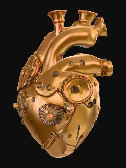 3D model for A realistic steampunk heart features an intricately designed, anatomical structure crafted from polished brass and aged copper, giving it a warm, metallic sheen. Its surface is adorned with tiny, exposed gears, rivets, and miniature pressure gauges, all integrated seamlessly into the sculpted form of a beating organ. Delicate, twisted wires and thin, braided tubes, resembling veins, are visible, connecting various mechanical components. The overall texture is smooth yet detailed, suggesting a complex, functional timepiece, with deep bronze and rust-colored hues., #PBR#