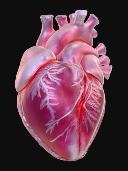 3D model for A realistic human heart, completely encased in a thick layer of crystalline ice, displays a chilling beauty. Its deep, venous reds and purples are muted and diffused through the translucent frozen shell, appearing slightly desaturated. Jagged frost patterns and delicate ice crystals cling to its intricate surface, highlighting the underlying anatomical details of ventricles and arteries. The texture is a stark contrast of the smooth, hard ice and the frozen, rigid organic tissue beneath, feeling intensely cold and brittle to the touch., #PBR#