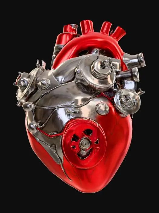 3D model for A realistic, pulsating biomechanical heart seamlessly fuses deep red, vascular muscle tissue with intricate mechanical components. Its anatomical form is interlaced with polished chrome plates and fine, silver wiring that mimic veins and arteries, giving it a hybrid organic-synthetic appearance. Tiny, visible gears and piston-like valves hum softly, suggesting internal machinery maintaining its rhythmic beat. The texture is a blend of smooth, resilient flesh and cool, hard metal, with a complex network of translucent tubes carrying vital fluids throughout its complex structure., #PBR#