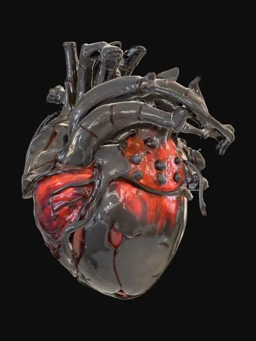 3D model for An HR Giger-inspired realistic heart, sculpted from a fusion of tarnished, dark chrome and glistening, ribbed organic tissue. Its distorted, muscular form is encased in a lattice of interwoven metallic cables and sinewy, bone-like structures, creating a chilling biomechanical aesthetic. The surface features a mix of polished, cold metal and slick, pulsating biological textures in desaturated grays, blacks, and deep venous reds, offering a disturbingly visceral and industrial tactile quality., #PBR#