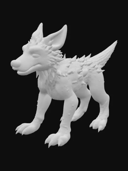 3D model for  Thornhound
Size: About the size of a terrier or corgi, low to the ground but sturdy.

Body: Covered in overlapping, rough scales patterned like sandstone or desert rock. Rows of spiky thorns jut from its back, shoulders, and tail — not enough to pierce a handler if careful, but intimidating to predators.

Head: More canine in shape, with expressive eyes and a short muzzle. The snout may carry a few smaller, thorn-like ridges. Its ears are pointed, edged with small spikes that twitch like a dog's when listening.

Tail: Thick, tapering to a blunt club-like end with ridges of spikes — it can use this defensively.

Paws: Doglike but with slightly longer claws for traction in rocky or sandy terrain.

, #PBR#