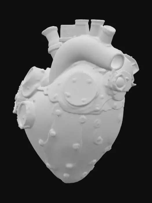 3D model for A realistic steampunk heart features an intricately designed, anatomical structure crafted from polished brass and aged copper, giving it a warm, metallic sheen. Its surface is adorned with tiny, exposed gears, rivets, and miniature pressure gauges, all integrated seamlessly into the sculpted form of a beating organ. Delicate, twisted wires and thin, braided tubes, resembling veins, are visible, connecting various mechanical components. The overall texture is smooth yet detailed, suggesting a complex, functional timepiece, with deep bronze and rust-colored hues., #PBR#