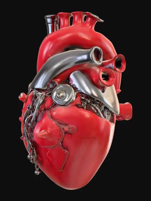 3D model for A realistic, pulsating biomechanical heart seamlessly fuses deep red, vascular muscle tissue with intricate mechanical components. Its anatomical form is interlaced with polished chrome plates and fine, silver wiring that mimic veins and arteries, giving it a hybrid organic-synthetic appearance. Tiny, visible gears and piston-like valves hum softly, suggesting internal machinery maintaining its rhythmic beat. The texture is a blend of smooth, resilient flesh and cool, hard metal, with a complex network of translucent tubes carrying vital fluids throughout its complex structure., #PBR#