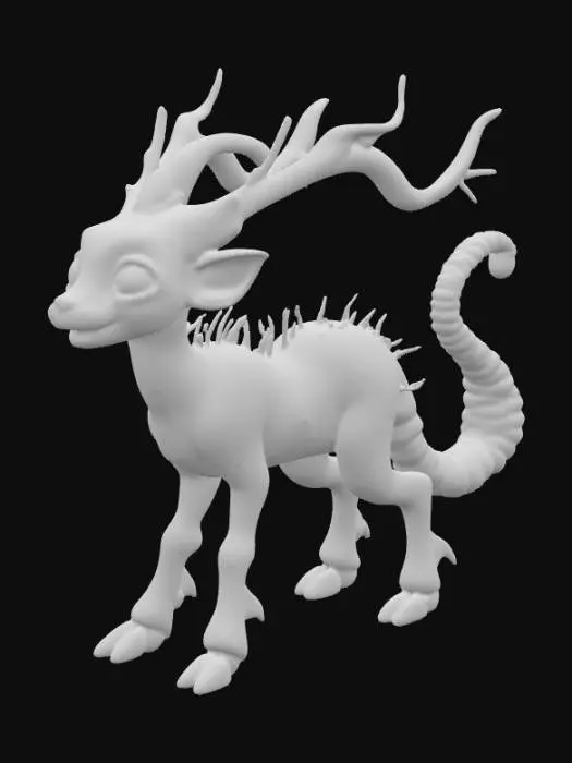 3D model for A creature with a slender, deer-like body covered in short, smooth fur, appearing both graceful and alien. Its elongated head features a unique vertical mouth running down its snout, flanked by three sets of luminous, almond-shaped eyes stacked vertically on each side. Two long, ribbed tentacles emerge fluidly from the back of its head where ears would typically be, tapering to flexible, prehensile tips and subtly coiling with a slightly slick texture., #PBR#
