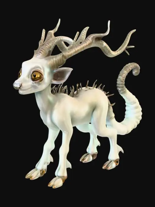3D model for A creature with a slender, deer-like body covered in short, smooth fur, appearing both graceful and alien. Its elongated head features a unique vertical mouth running down its snout, flanked by three sets of luminous, almond-shaped eyes stacked vertically on each side. Two long, ribbed tentacles emerge fluidly from the back of its head where ears would typically be, tapering to flexible, prehensile tips and subtly coiling with a slightly slick texture., #PBR#