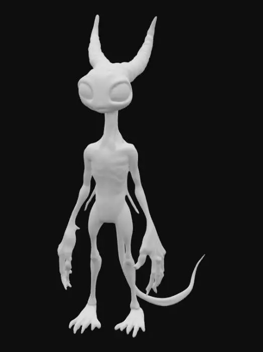 3D model for A creature with a slender, deer-like body covered in short, smooth fur, appearing both graceful and alien. Its elongated head features a unique vertical mouth running down its snout, flanked by three sets of luminous, almond-shaped eyes stacked vertically on each side. Two long, ribbed tentacles emerge fluidly from the back of its head where ears would typically be, tapering to flexible, prehensile tips and subtly coiling with a slightly slick texture., #PBR#
