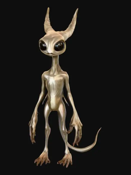 3D model for A creature with a slender, deer-like body covered in short, smooth fur, appearing both graceful and alien. Its elongated head features a unique vertical mouth running down its snout, flanked by three sets of luminous, almond-shaped eyes stacked vertically on each side. Two long, ribbed tentacles emerge fluidly from the back of its head where ears would typically be, tapering to flexible, prehensile tips and subtly coiling with a slightly slick texture., #PBR#