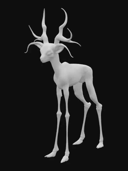 3D model for A creature with a slender, deer-like body covered in short, smooth fur, appearing both graceful and alien. Its elongated head features a unique vertical mouth running down its snout, flanked by three sets of luminous, almond-shaped eyes stacked vertically on each side. Two long, ribbed tentacles emerge fluidly from the back of its head where ears would typically be, tapering to flexible, prehensile tips and subtly coiling with a slightly slick texture., #PBR#