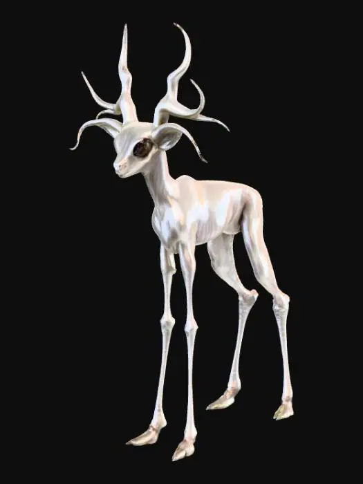 3D model for A creature with a slender, deer-like body covered in short, smooth fur, appearing both graceful and alien. Its elongated head features a unique vertical mouth running down its snout, flanked by three sets of luminous, almond-shaped eyes stacked vertically on each side. Two long, ribbed tentacles emerge fluidly from the back of its head where ears would typically be, tapering to flexible, prehensile tips and subtly coiling with a slightly slick texture., #PBR#