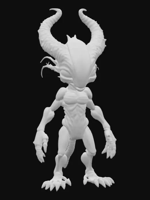 3D model for An alien creature with a lean, sinewy body, covered in iridescent, metallic-sheened skin that shifts in color from deep violet to emerald green. Its head is angular and elongated, adorned with a pair of magnificent, intricate antlers that spiral upwards, branching into crystalline structures rather than bone, with a smooth, cool-to-the-touch surface. The creature's limbs are long and multi-jointed, ending in broad, textured pads, suggesting a delicate yet agile form., #PBR#