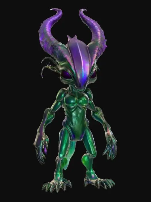 3D model for An alien creature with a lean, sinewy body, covered in iridescent, metallic-sheened skin that shifts in color from deep violet to emerald green. Its head is angular and elongated, adorned with a pair of magnificent, intricate antlers that spiral upwards, branching into crystalline structures rather than bone, with a smooth, cool-to-the-touch surface. The creature's limbs are long and multi-jointed, ending in broad, textured pads, suggesting a delicate yet agile form., #PBR#