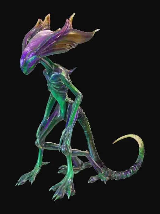 3D model for An alien creature with a lean, sinewy body, covered in iridescent, metallic-sheened skin that shifts in color from deep violet to emerald green. Its head is angular and elongated, adorned with a pair of magnificent, intricate antlers that spiral upwards, branching into crystalline structures rather than bone, with a smooth, cool-to-the-touch surface. The creature's limbs are long and multi-jointed, ending in broad, textured pads, suggesting a delicate yet agile form., #PBR#
