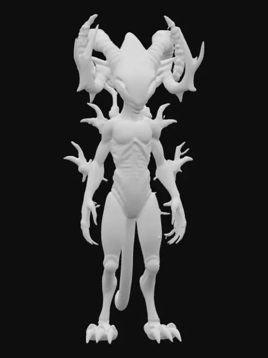 3D model for An alien creature with a lean, sinewy body, covered in iridescent, metallic-sheened skin that shifts in color from deep violet to emerald green. Its head is angular and elongated, adorned with a pair of magnificent, intricate antlers that spiral upwards, branching into crystalline structures rather than bone, with a smooth, cool-to-the-touch surface. The creature's limbs are long and multi-jointed, ending in broad, textured pads, suggesting a delicate yet agile form., #PBR#