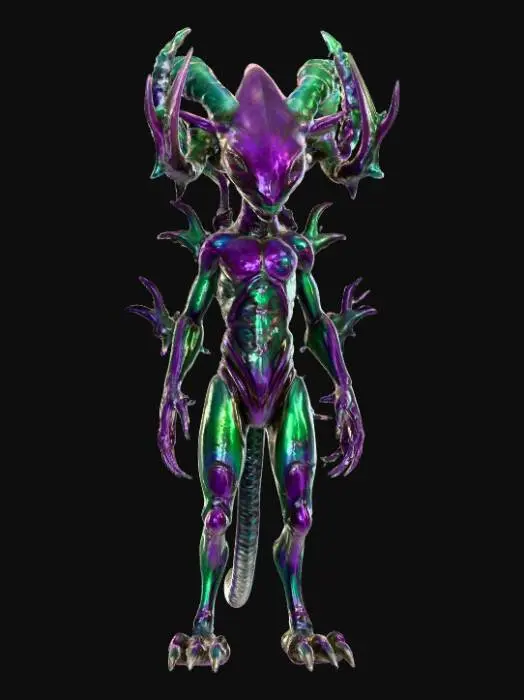 3D model for An alien creature with a lean, sinewy body, covered in iridescent, metallic-sheened skin that shifts in color from deep violet to emerald green. Its head is angular and elongated, adorned with a pair of magnificent, intricate antlers that spiral upwards, branching into crystalline structures rather than bone, with a smooth, cool-to-the-touch surface. The creature's limbs are long and multi-jointed, ending in broad, textured pads, suggesting a delicate yet agile form., #PBR#