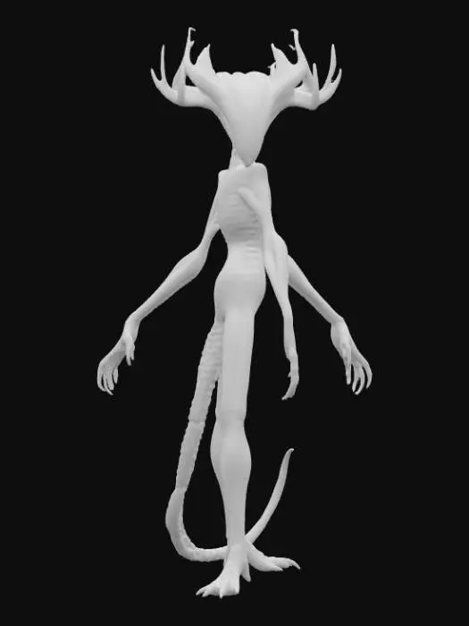 3D model for An alien creature with a lean, sinewy body, covered in iridescent, metallic-sheened skin that shifts in color from deep violet to emerald green. Its head is angular and elongated, adorned with a pair of magnificent, intricate antlers that spiral upwards, branching into crystalline structures rather than bone, with a smooth, cool-to-the-touch surface. The creature's limbs are long and multi-jointed, ending in broad, textured pads, suggesting a delicate yet agile form., #PBR#