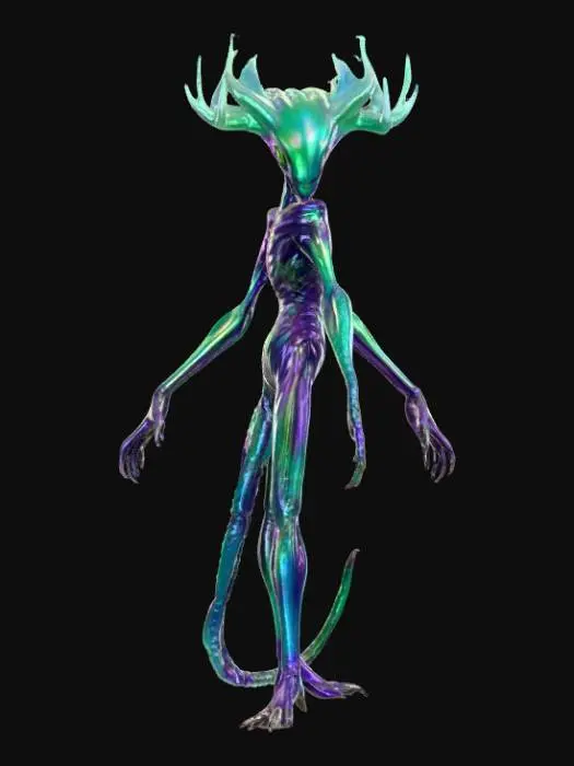 3D model for An alien creature with a lean, sinewy body, covered in iridescent, metallic-sheened skin that shifts in color from deep violet to emerald green. Its head is angular and elongated, adorned with a pair of magnificent, intricate antlers that spiral upwards, branching into crystalline structures rather than bone, with a smooth, cool-to-the-touch surface. The creature's limbs are long and multi-jointed, ending in broad, textured pads, suggesting a delicate yet agile form., #PBR#