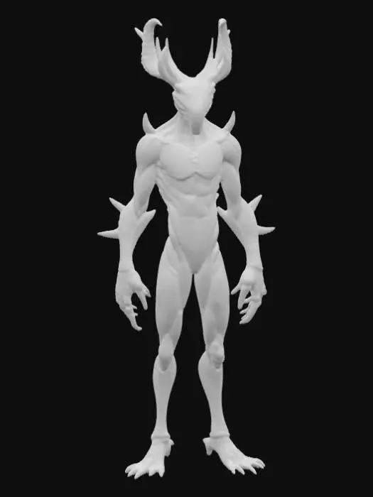 3D model for An alien creature with a lean, sinewy body, covered in iridescent, metallic-sheened skin that shifts in color from deep violet to emerald green. Its head is angular and elongated, adorned with a pair of magnificent, intricate antlers that spiral upwards, branching into crystalline structures rather than bone, with a smooth, cool-to-the-touch surface. The creature's limbs are long and multi-jointed, ending in broad, textured pads, suggesting a delicate yet agile form., #PBR#
