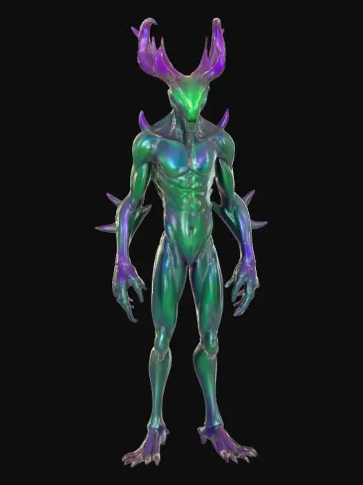 3D model for An alien creature with a lean, sinewy body, covered in iridescent, metallic-sheened skin that shifts in color from deep violet to emerald green. Its head is angular and elongated, adorned with a pair of magnificent, intricate antlers that spiral upwards, branching into crystalline structures rather than bone, with a smooth, cool-to-the-touch surface. The creature's limbs are long and multi-jointed, ending in broad, textured pads, suggesting a delicate yet agile form., #PBR#
