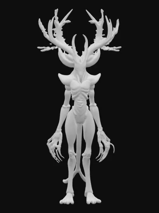3D model for An alien creature with a lean, sinewy body, covered in iridescent, metallic-sheened skin that shifts in color from deep violet to emerald green. Its head is angular and elongated, adorned with a pair of magnificent, intricate antlers that spiral upwards, branching into crystalline structures rather than bone, with a smooth, cool-to-the-touch surface. The creature's limbs are long and multi-jointed, ending in broad, textured pads, suggesting a delicate yet agile form., #PBR#