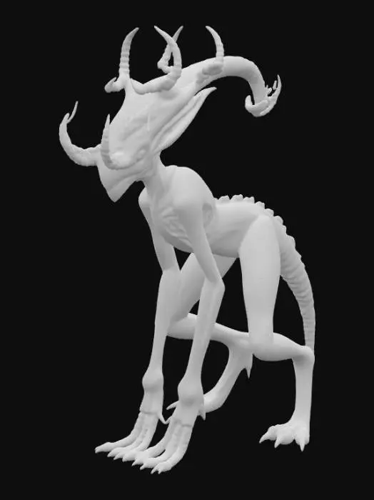 3D model for An alien creature with a lean, sinewy body, covered in iridescent, metallic-sheened skin that shifts in color from deep violet to emerald green. Its head is angular and elongated, adorned with a pair of magnificent, intricate antlers that spiral upwards, branching into crystalline structures rather than bone, with a smooth, cool-to-the-touch surface. The creature's limbs are long and multi-jointed, ending in broad, textured pads, suggesting a delicate yet agile form., #PBR#