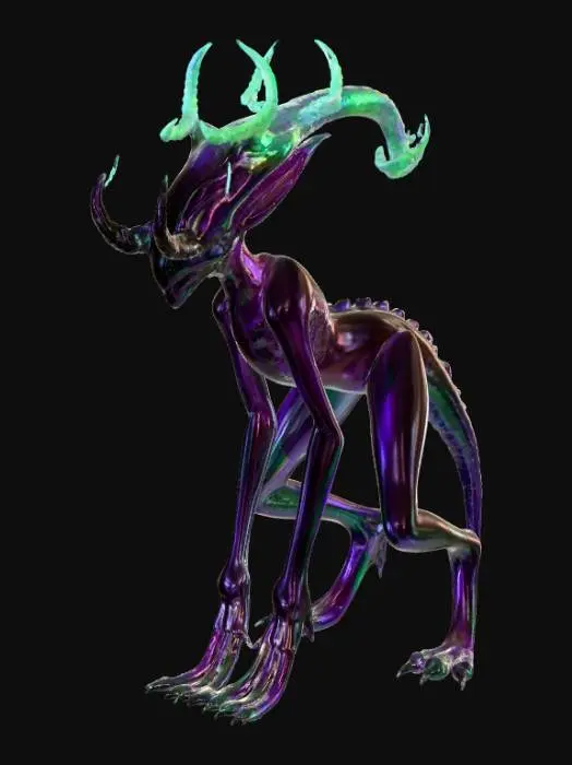 3D model for An alien creature with a lean, sinewy body, covered in iridescent, metallic-sheened skin that shifts in color from deep violet to emerald green. Its head is angular and elongated, adorned with a pair of magnificent, intricate antlers that spiral upwards, branching into crystalline structures rather than bone, with a smooth, cool-to-the-touch surface. The creature's limbs are long and multi-jointed, ending in broad, textured pads, suggesting a delicate yet agile form., #PBR#