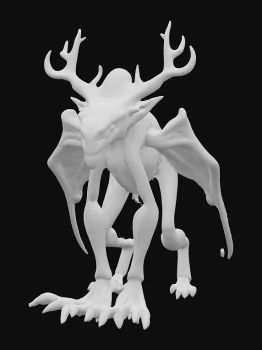 3D model for An alien creature with a lean, sinewy body, covered in iridescent, metallic-sheened skin that shifts in color from deep violet to emerald green. Its head is angular and elongated, adorned with a pair of magnificent, intricate antlers that spiral upwards, branching into crystalline structures rather than bone, with a smooth, cool-to-the-touch surface. The creature's limbs are long and multi-jointed, ending in broad, textured pads, suggesting a delicate yet agile form., #PBR#