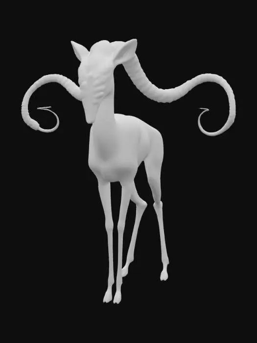 3D model for A creature with a slender, deer-like body covered in short, smooth fur, appearing both graceful and alien. Its elongated head features a unique vertical mouth running down its snout, flanked by three sets of luminous, almond-shaped eyes stacked vertically on each side. Two long, ribbed tentacles emerge fluidly from the back of its head where ears would typically be, tapering to flexible, prehensile tips and subtly coiling with a slightly slick texture., #PBR#
