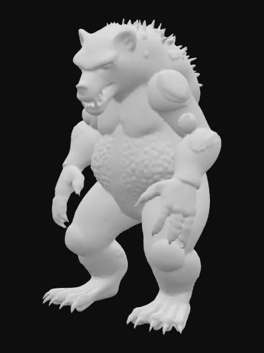 3D model for An alien-black bear hybrid creature, exhibiting the formidable, stocky build of a bear, covered in a dense, shaggy coat that appears black but shimmers with an oily, dark purple iridescence under light. Its robust limbs are powerfully muscled, ending in large paws with five multi-jointed digits tipped with obsidian-like claws. The creature's broad face features two large, glowing orange eyes and a wide, leathery snout with visible pores, while patches of hardened, scaly skin are subtly integrated into its fur around the shoulders and spine, providing a rough contrast to its otherwise soft, dense fur., #PBR#