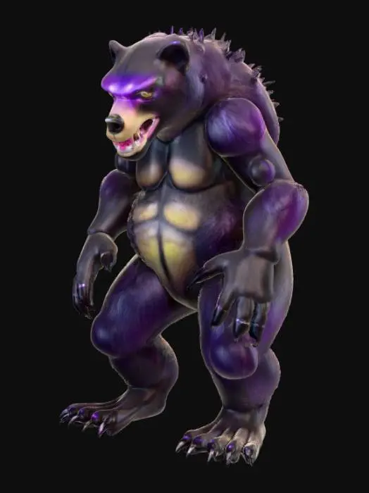 3D model for An alien-black bear hybrid creature, exhibiting the formidable, stocky build of a bear, covered in a dense, shaggy coat that appears black but shimmers with an oily, dark purple iridescence under light. Its robust limbs are powerfully muscled, ending in large paws with five multi-jointed digits tipped with obsidian-like claws. The creature's broad face features two large, glowing orange eyes and a wide, leathery snout with visible pores, while patches of hardened, scaly skin are subtly integrated into its fur around the shoulders and spine, providing a rough contrast to its otherwise soft, dense fur., #PBR#
