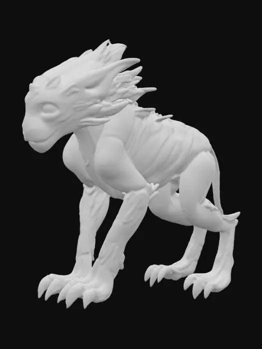 3D model for An imposing alien-lion hybrid creature, possessing the powerful, muscular build of a large feline but with skin resembling iridescent, deep blue scales that shimmer with subtle, oily reflections. A majestic mane of sharp, obsidian-like quills frames its head, tapering to points and feeling both brittle and smooth to the touch. Its face blends feline features with large, multi-faceted, glowing yellow eyes, while its four robust limbs end in broad, three-toed paws with claw-like projections that appear to be made of polished, dark metal., #PBR#