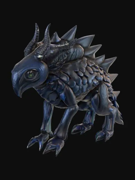 3D model for A creature combining a black bear's bulk with an alien morphology, its fur replaced by overlapping, obsidian-like scales that shift from deep indigo to matte black, giving it an armored, segmented appearance. Its immense, column-like legs end in flat, three-toed feet with hardened, ceramic-like pads. The head is broad and low-slung, dominated by a single, large, cyclopean eye that glows with an internal, greenish light, and two prominent, upward-curving horns that are smooth and cold to the touch, suggesting a dense, mineral composition., #PBR#