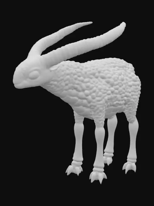 3D model for A creature combining a black bear's bulk with an alien morphology, its fur replaced by overlapping, obsidian-like scales that shift from deep indigo to matte black, giving it an armored, segmented appearance. Its immense, column-like legs end in flat, three-toed feet with hardened, ceramic-like pads. The head is broad and low-slung, dominated by a single, large, cyclopean eye that glows with an internal, greenish light, and two prominent, upward-curving horns that are smooth and cold to the touch, suggesting a dense, mineral composition., #PBR#