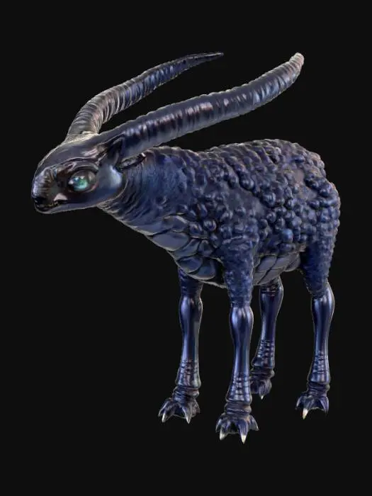 3D model for A creature combining a black bear's bulk with an alien morphology, its fur replaced by overlapping, obsidian-like scales that shift from deep indigo to matte black, giving it an armored, segmented appearance. Its immense, column-like legs end in flat, three-toed feet with hardened, ceramic-like pads. The head is broad and low-slung, dominated by a single, large, cyclopean eye that glows with an internal, greenish light, and two prominent, upward-curving horns that are smooth and cold to the touch, suggesting a dense, mineral composition., #PBR#