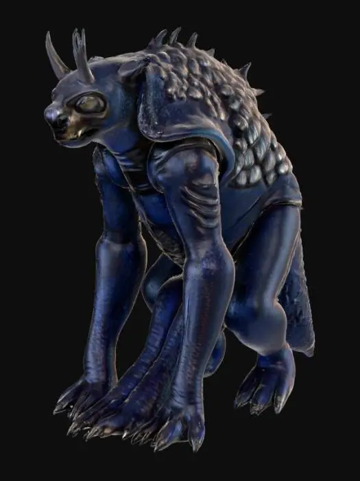 3D model for A creature combining a black bear's bulk with an alien morphology, its fur replaced by overlapping, obsidian-like scales that shift from deep indigo to matte black, giving it an armored, segmented appearance. Its immense, column-like legs end in flat, three-toed feet with hardened, ceramic-like pads. The head is broad and low-slung, dominated by a single, large, cyclopean eye that glows with an internal, greenish light, and two prominent, upward-curving horns that are smooth and cold to the touch, suggesting a dense, mineral composition., #PBR#