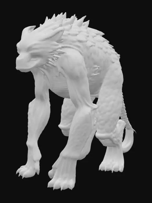 3D model for A creature combining a black bear's bulk with an alien morphology, its fur replaced by overlapping, obsidian-like scales that shift from deep indigo to matte black, giving it an armored, segmented appearance. Its immense, column-like legs end in flat, three-toed feet with hardened, ceramic-like pads. The head is broad and low-slung, dominated by a single, large, cyclopean eye that glows with an internal, greenish light, and two prominent, upward-curving horns that are smooth and cold to the touch, suggesting a dense, mineral composition., #PBR#